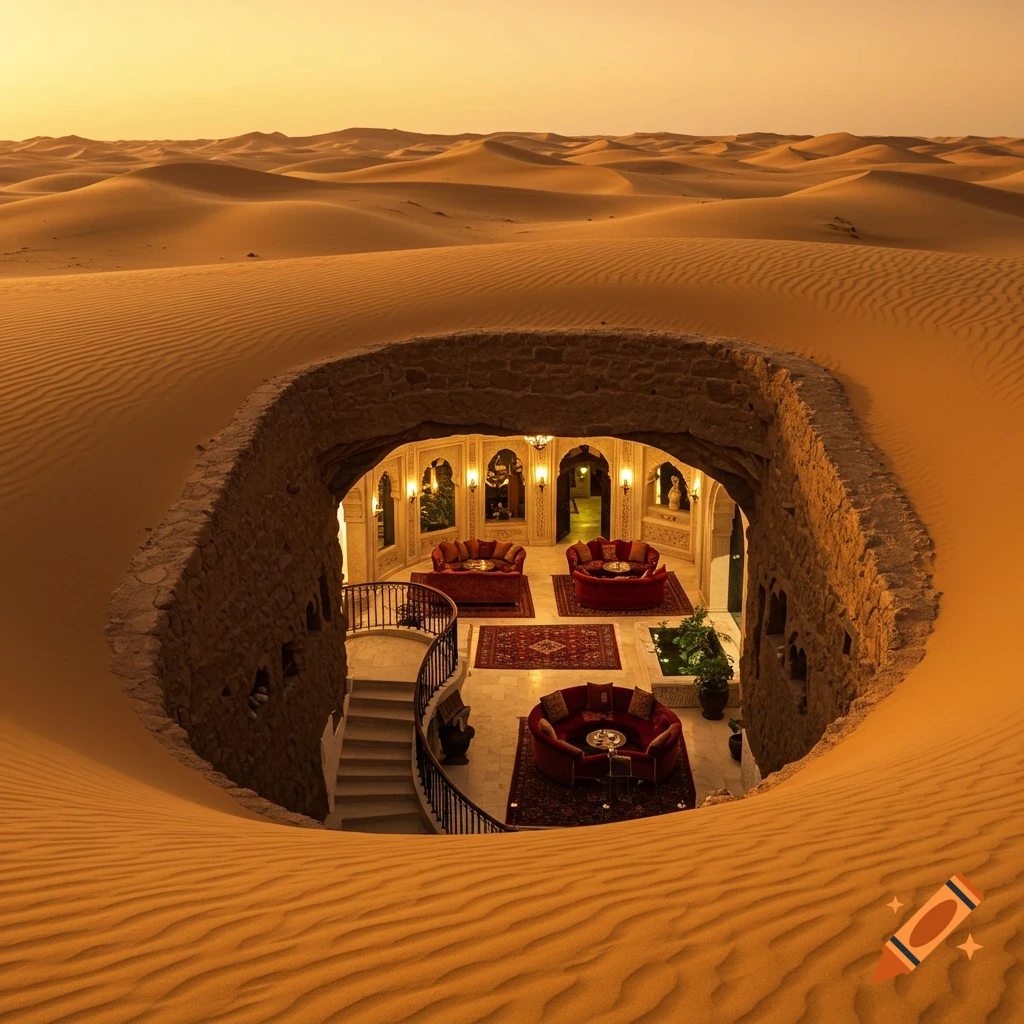 A luxurious underground home with red velvet furniture and ornate decor, viewed through an opening in vast desert sand dunes at sunset.