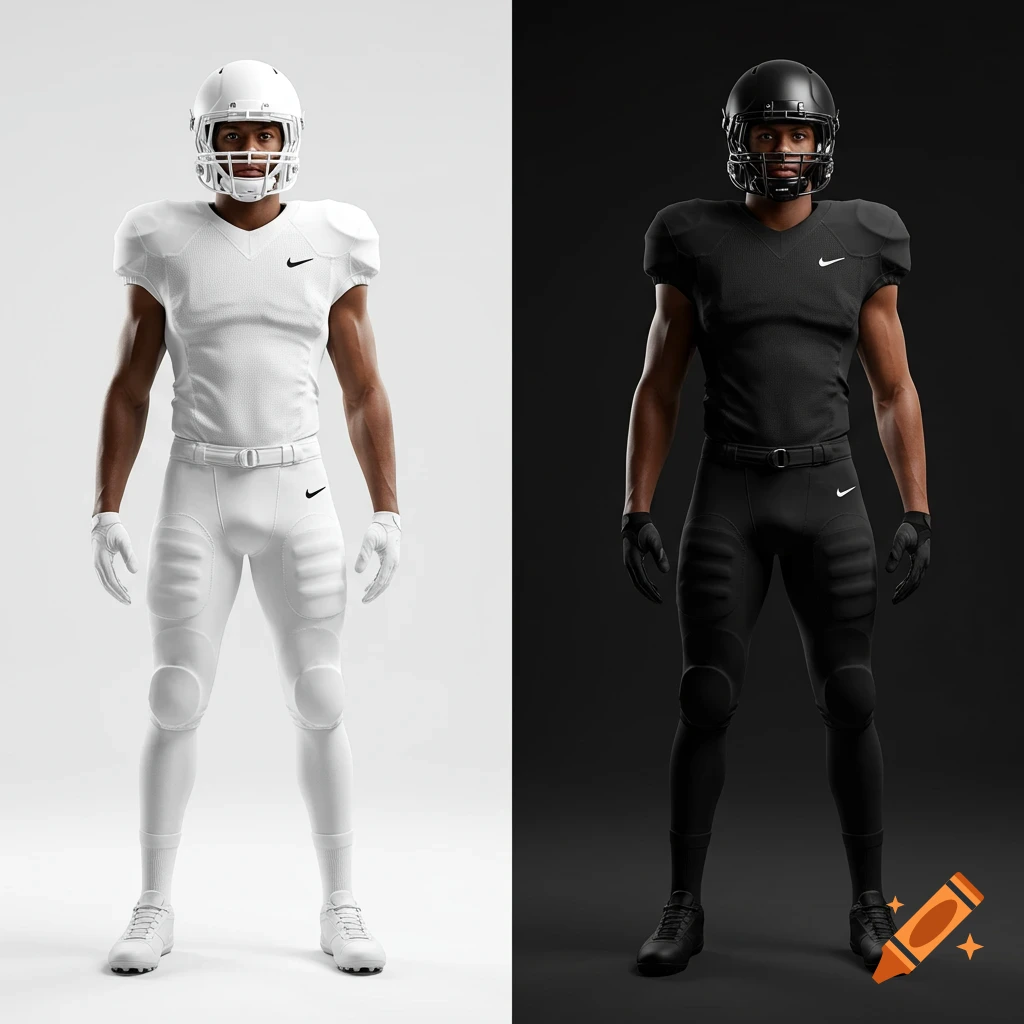 Two photorealistic American football players, one in a white uniform on a white background, one in a black uniform on a black background.