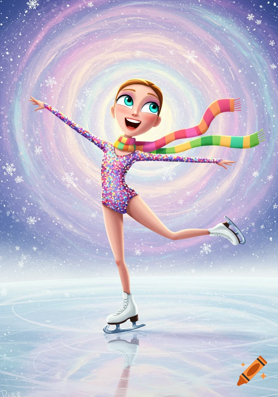 A vibrant cartoon of a young girl figure skating on ice, wearing a sparkly purple leotard and a colorful striped scarf, surrounded by falling snowflakes. The background features a pastel pink and purple swirling sky.