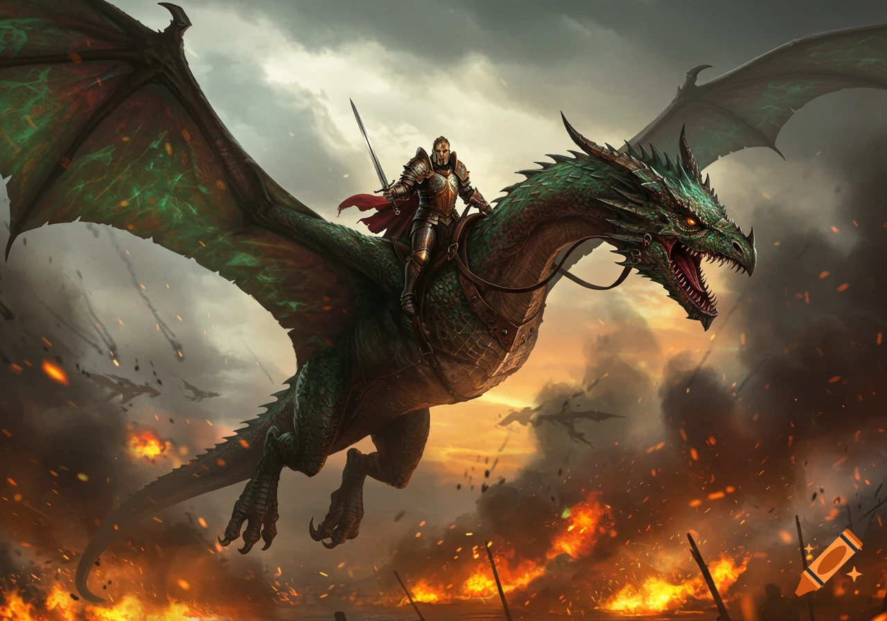 A knight in armor rides a large green dragon with open wings, flying over a fiery battlefield with explosions and smoke.