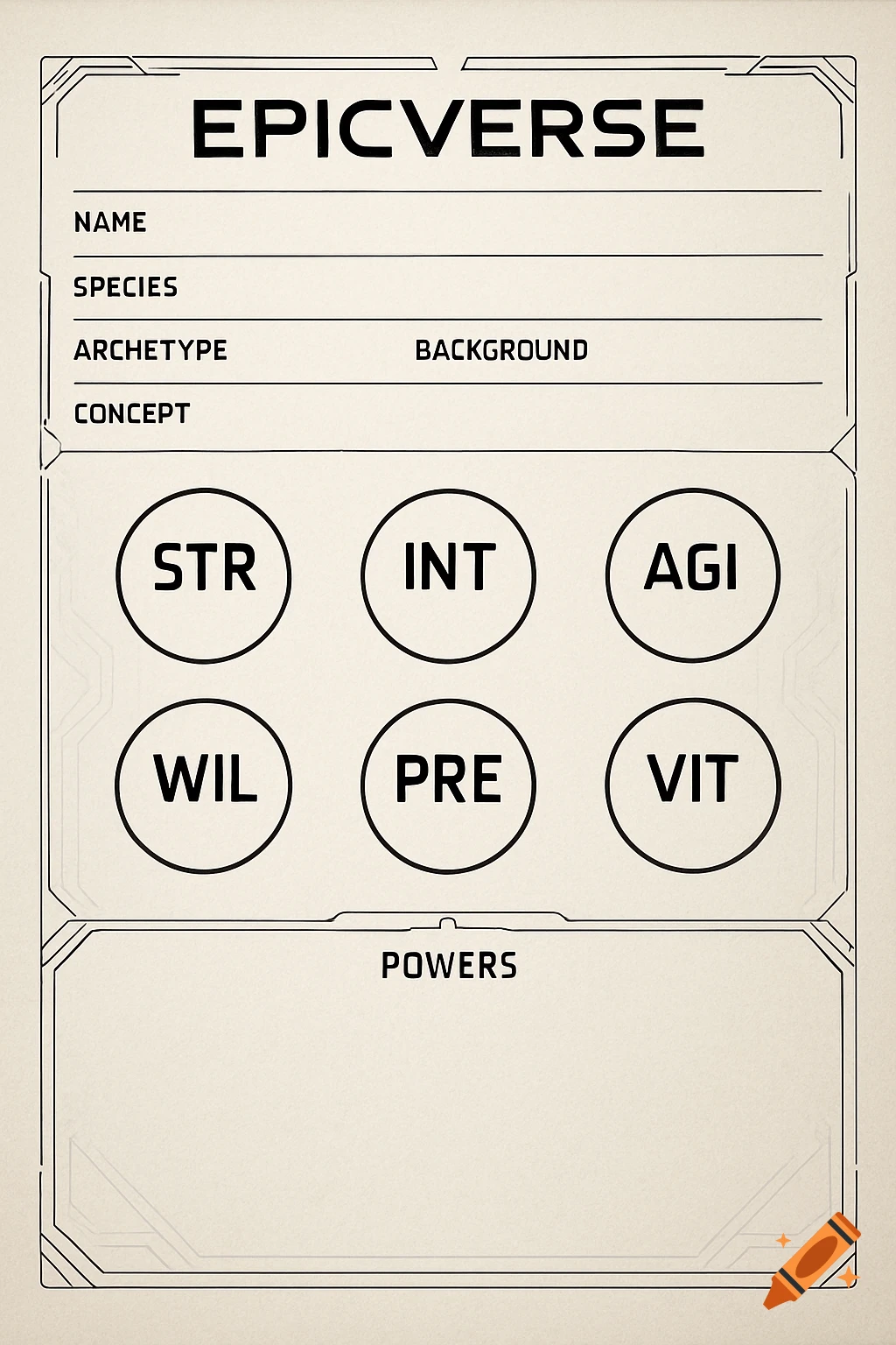 A stylized tabletop RPG character sheet layout titled EPICVERSE with sections for Name, Species, Archetype, Background, Concept, and Powers, along with six circled attributes: STR, INT, AGI, WIL, PRE, VIT.