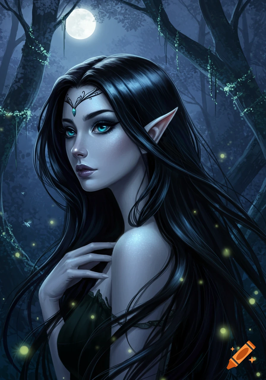 An elf girl with long black hair and glowing blue eyes stands in a dark, moonlit forest with fireflies.