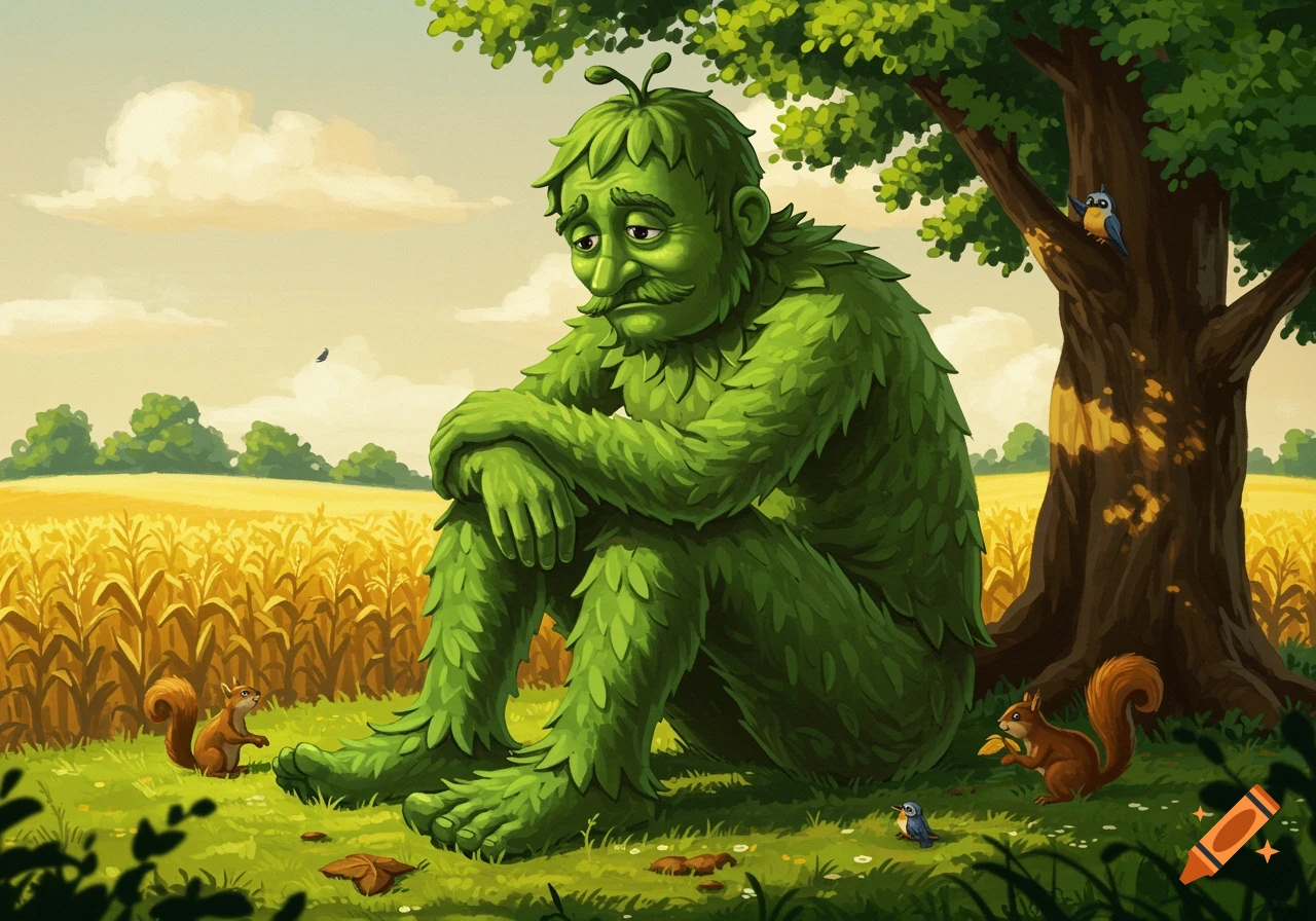 A sad green giant sits under a tree in a field of yellow crops, surrounded by squirrels and birds, in a whimsical illustration.
