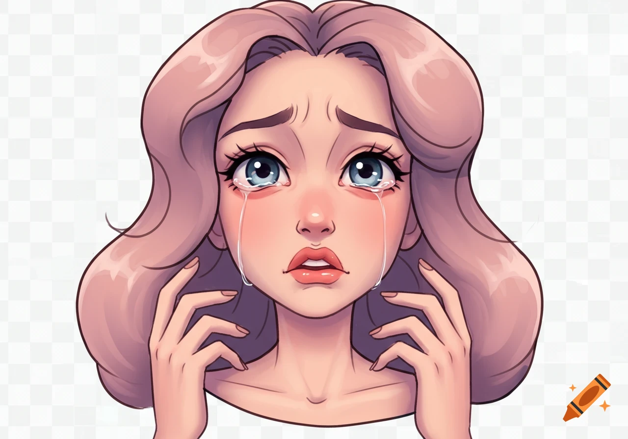 Cartoonish illustration of a crying woman with pink hair, tears streaming down her face, against a transparent background.