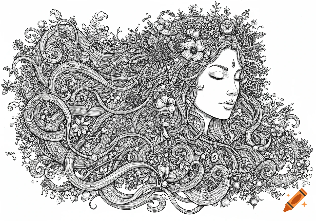 Highly detailed black and white line art of Mother Earth as a serene female figure with flowing hair intertwined with leaves and flowers.