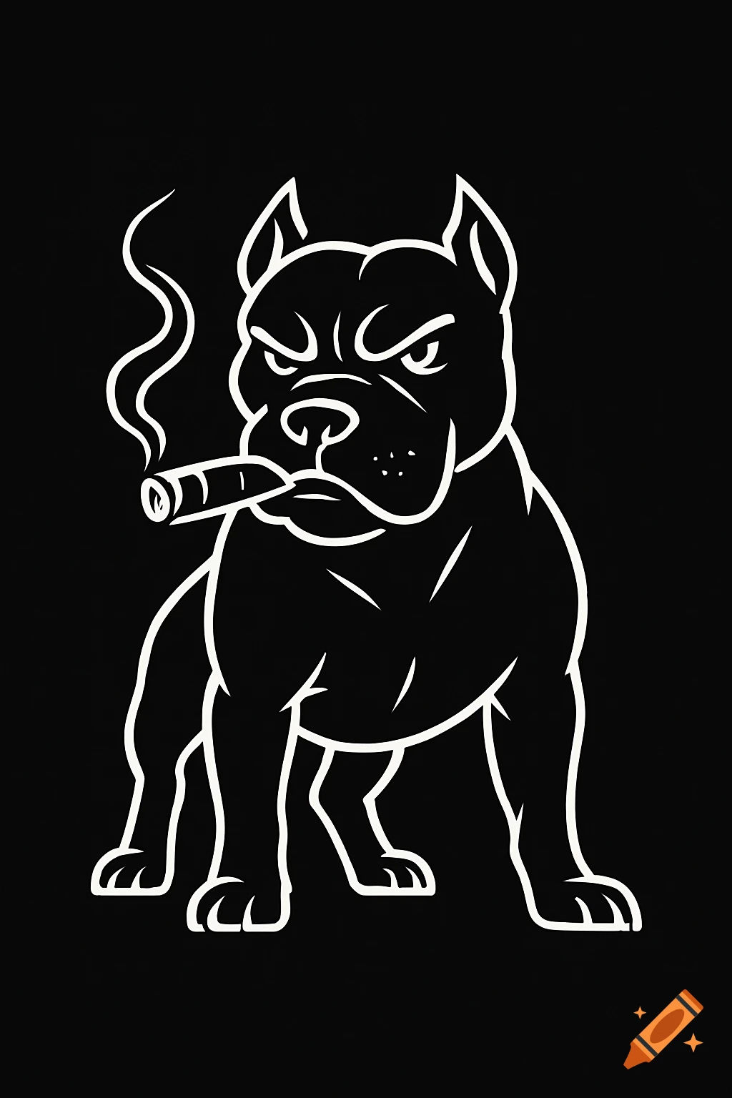 Minimalist white line art of a mischievous or angry pitbull smoking a cigar on a black background.