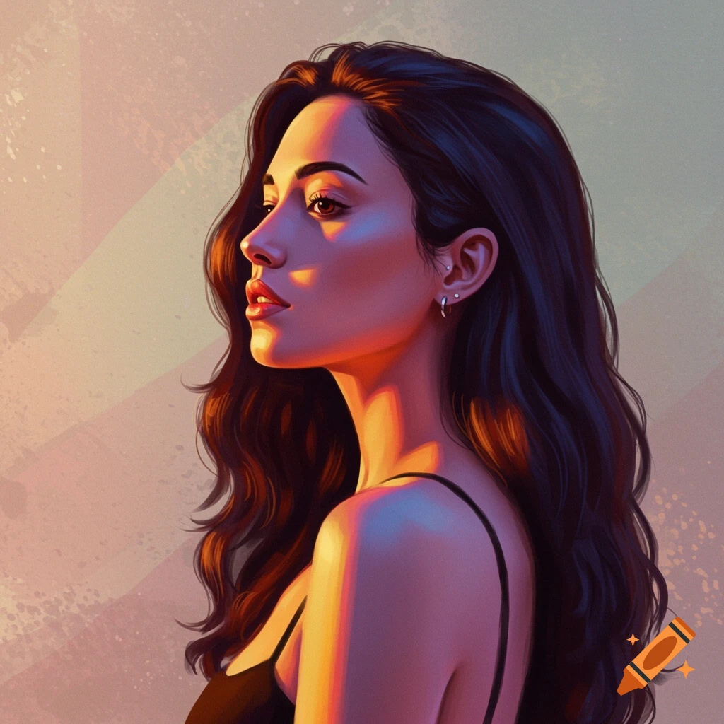 Digital art profile portrait of a woman with long dark wavy hair bathed in warm, colorful light.
