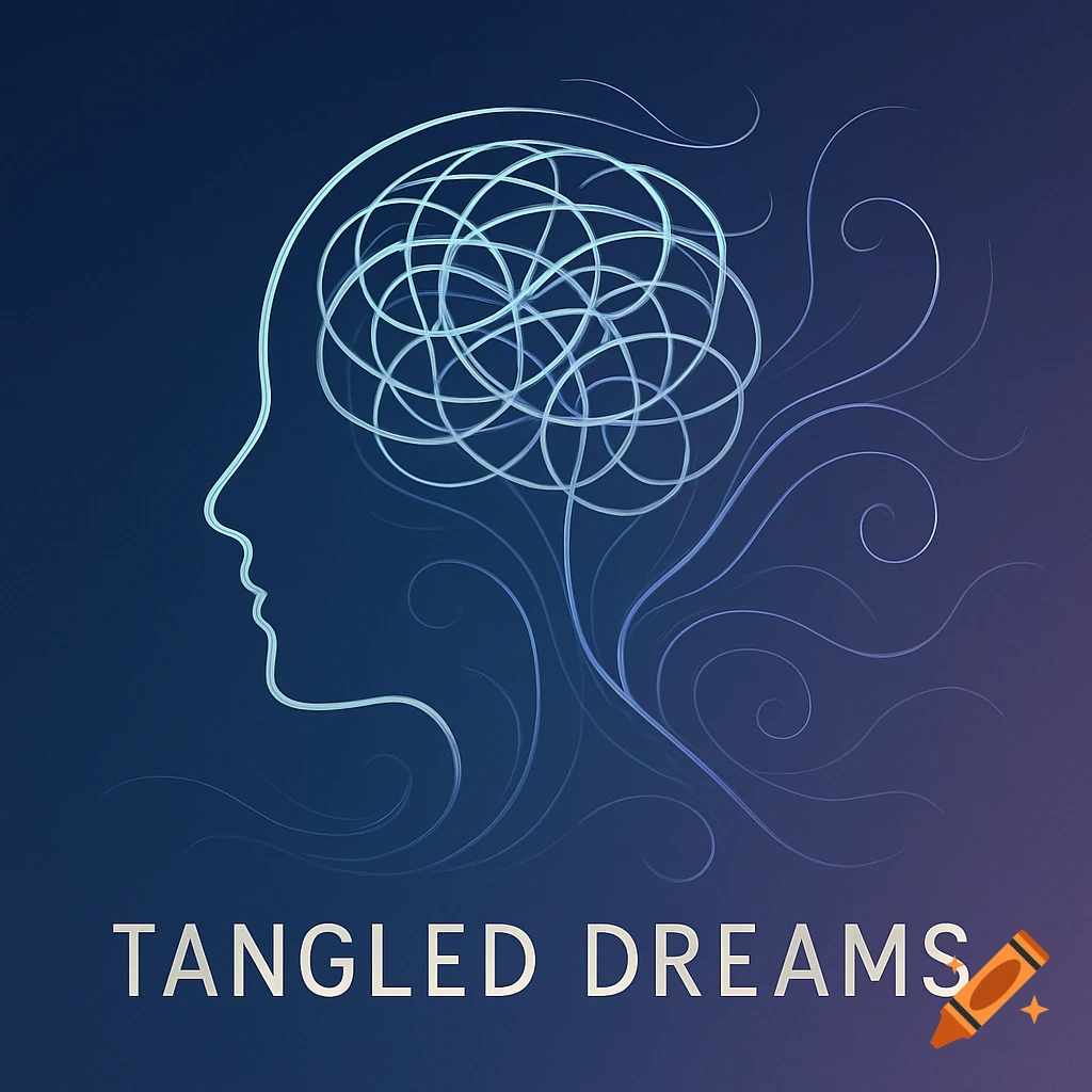 A stylized blue outline of a human head with tangled lines inside, above the text 'TANGLED DREAMS' on a dark gradient background.