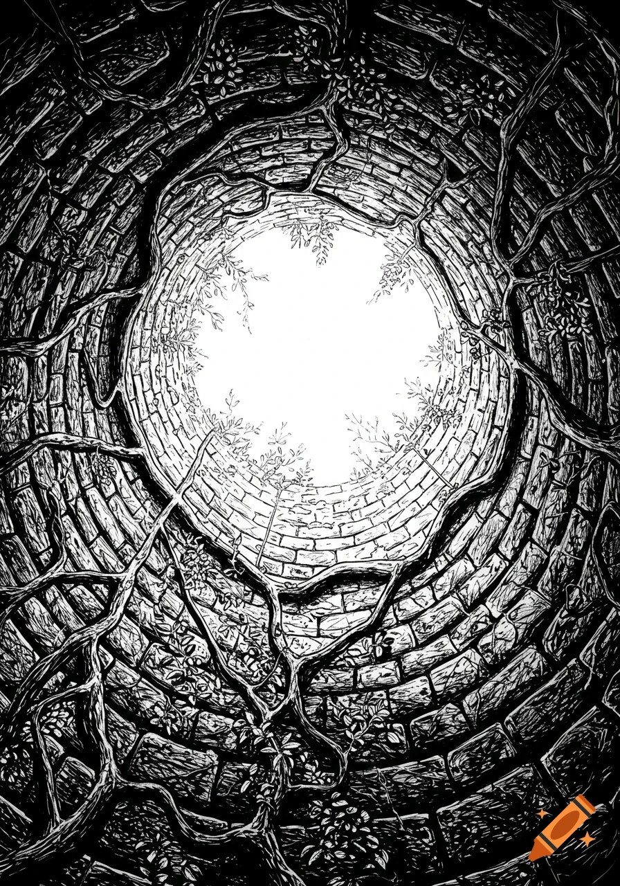Black and white line art illustration looking up from the bottom of a stone well, with vines growing along the walls towards a bright circular opening above.