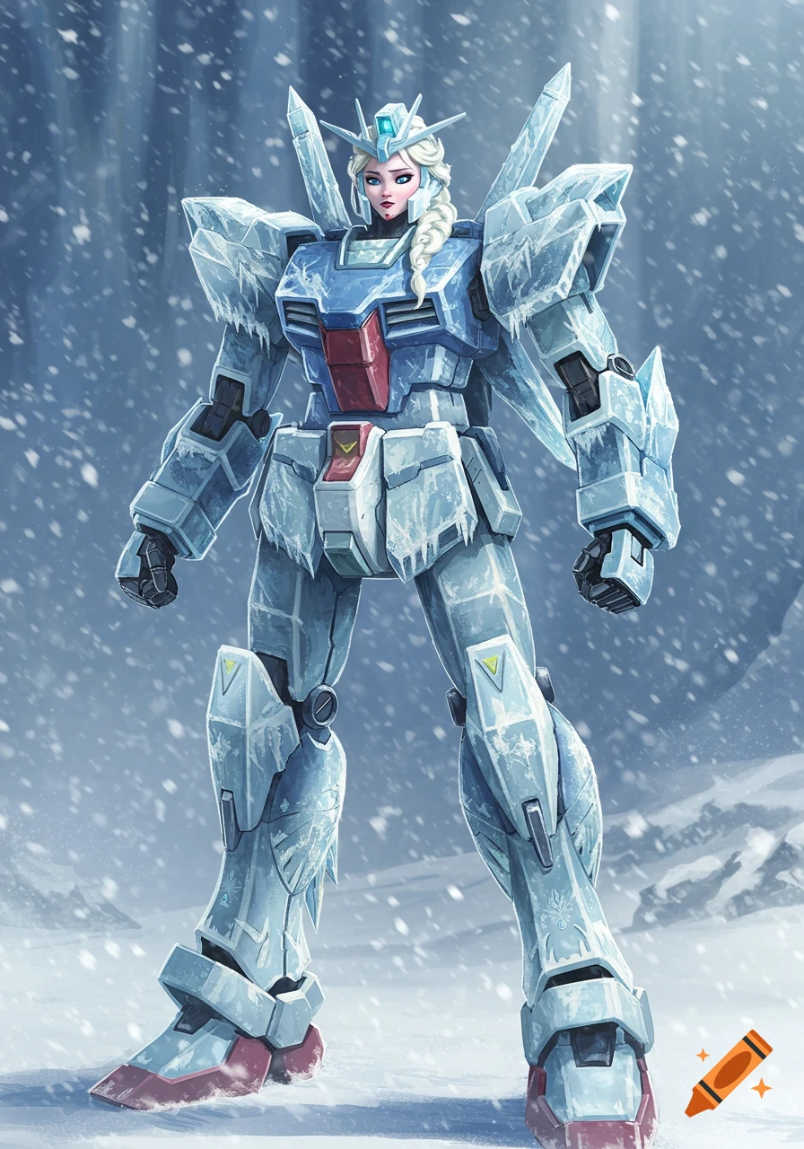 Illustration of Queen Elsa in an ice-covered Gundam mobile suit standing in a snowy landscape.