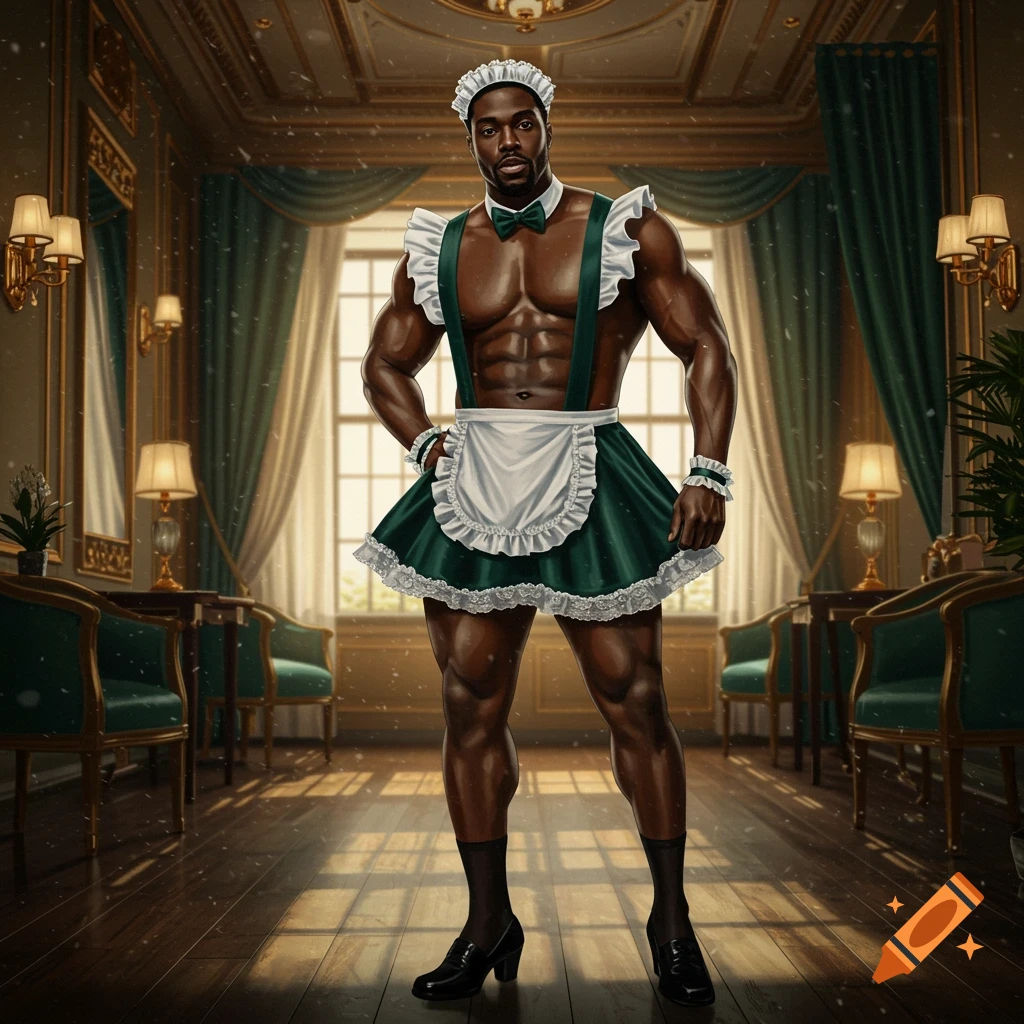 A muscular Black man in a green and white maid outfit stands in an ornate room.