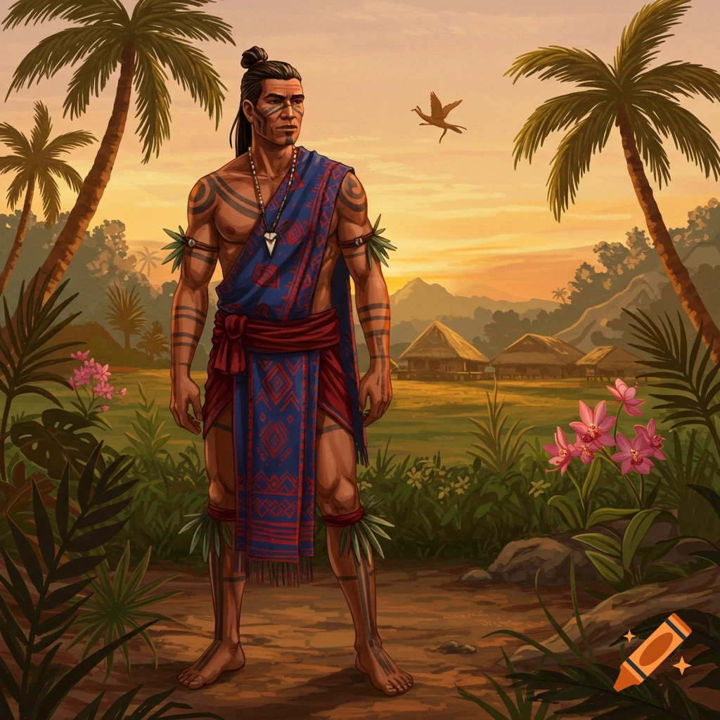 An illustrated portrait of a man with tattoos and traditional attire, standing in a tropical landscape with palm trees and huts at sunset.