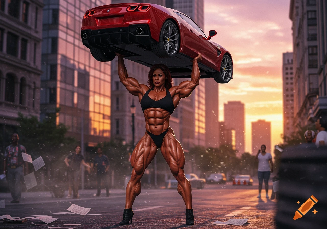 An extremely muscular woman lifts a red sports car over her head on a city street at sunset, photorealistic.