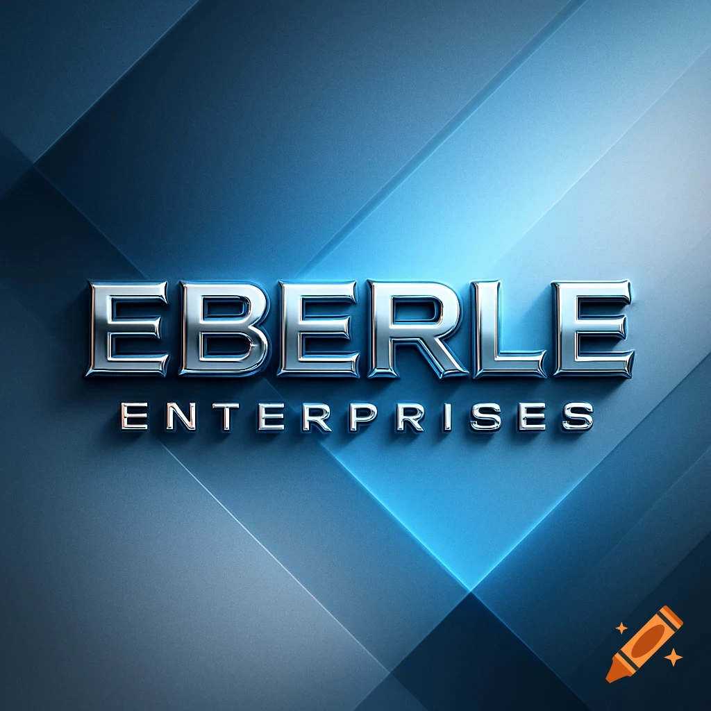 Metallic 3D text 'EBERLE ENTERPRISES' on a blue background with geometric light patterns.