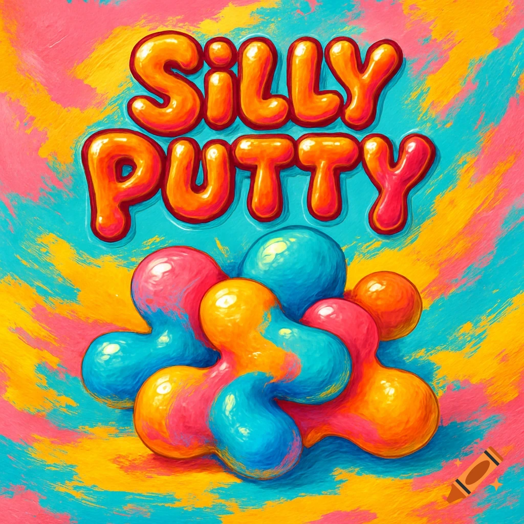 Colorful abstract shapes resembling silly putty below the text 'Silly Putty' on a vibrant, painterly background.