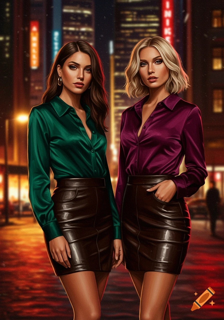 Two women in dark green and purple satin blouses with brown leather skirts stand on a rainy city street at night.