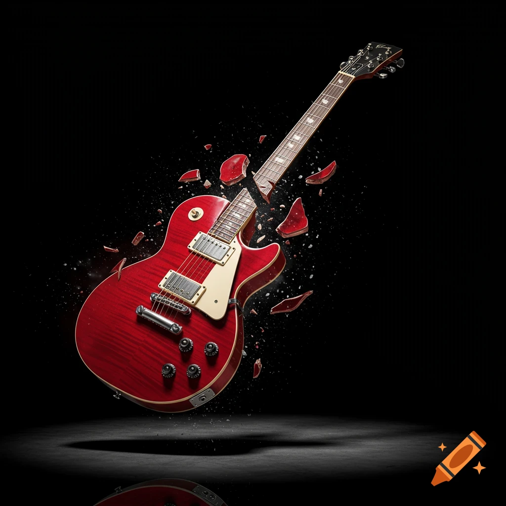 A red electric guitar appears shattered and suspended in mid-air against a black background, with pieces flying apart.