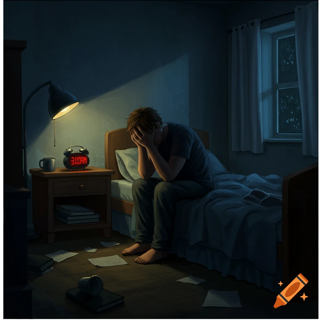 A man sits on his bed in a dark bedroom, holding his head, with an alarm clock showing 3:10 AM. Digital painting.