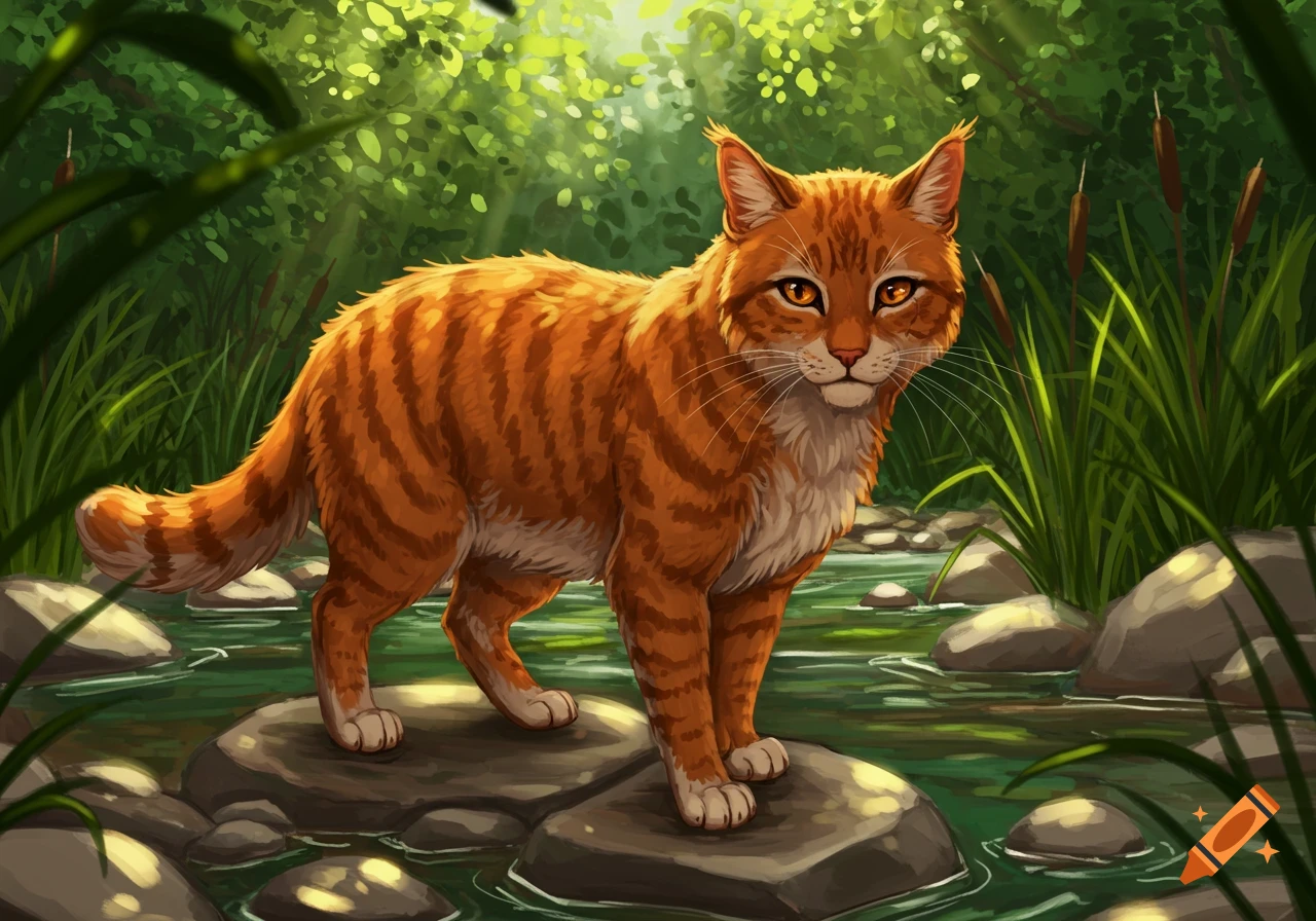 An orange tabby cat stands on rocks in a stream with green foliage and dappled sunlight, illustrated in a vibrant style.