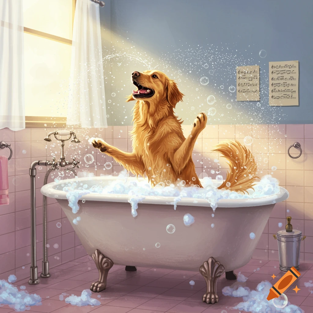 A happy golden retriever stands in a bubbly bathtub, splashing water and looking up as if singing, in a bright bathroom.