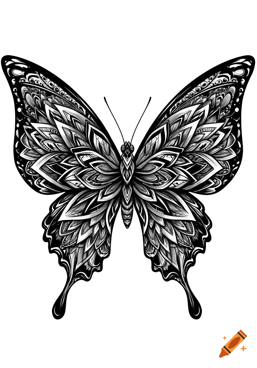 A detailed black and white illustration of a butterfly with intricate mandala patterns on its wings.