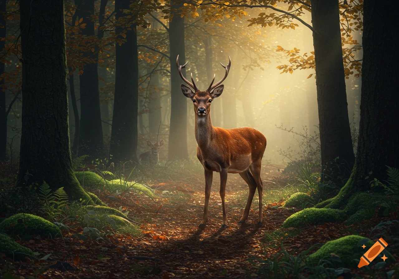 A majestic deer with antlers stands on a sunlit forest path, with another deer in the background.
