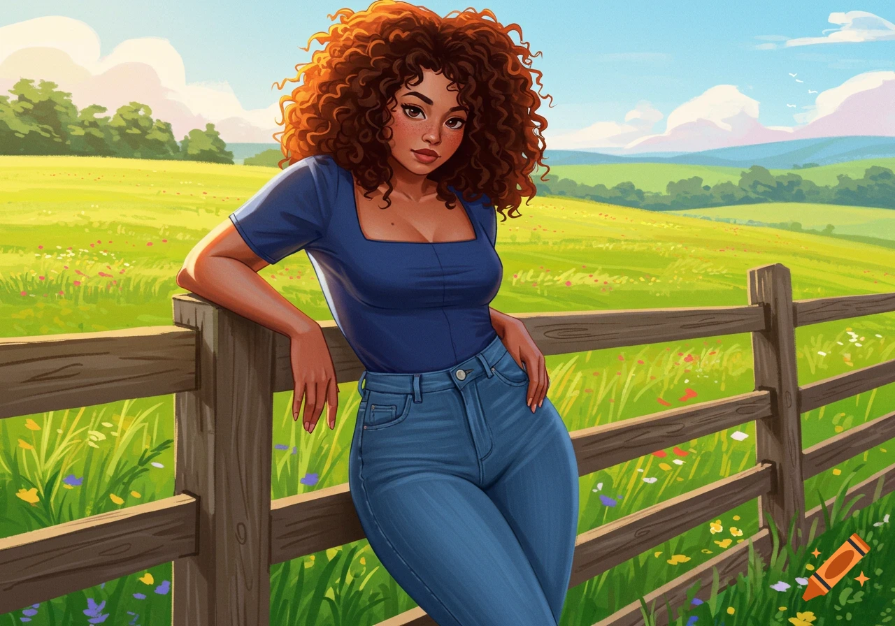 A woman with curly red hair and freckles, wearing a blue top and jeans, leans on a wooden fence in a sunny green field, in an illustrative style.
