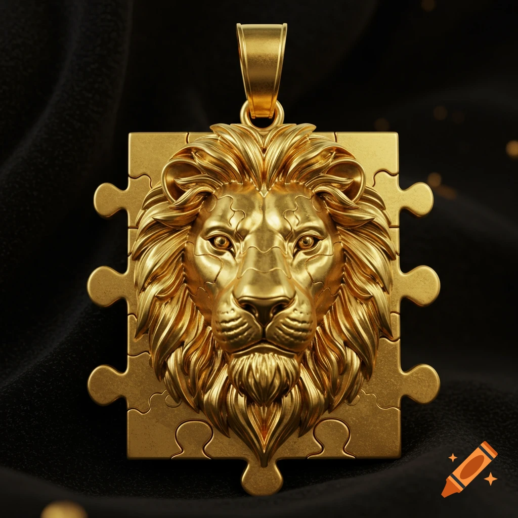 A close-up of a highly detailed golden lion head relief on a puzzle piece-shaped pendant, set against a dark fabric background.