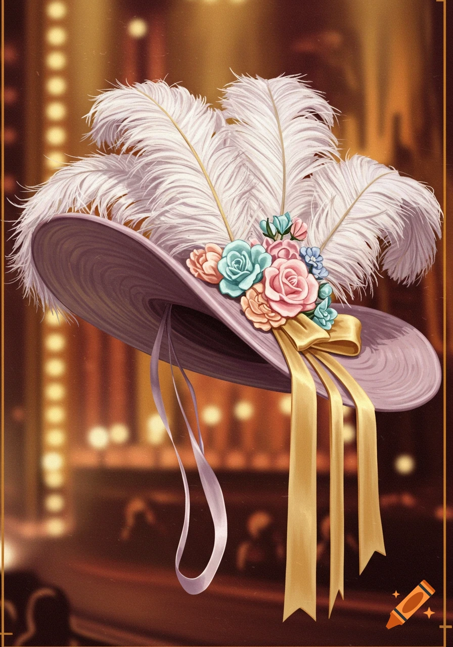 A decorative purple hat with large white feathers, pink and blue roses, and long golden ribbons, set against a blurry background of warm, glowing lights.