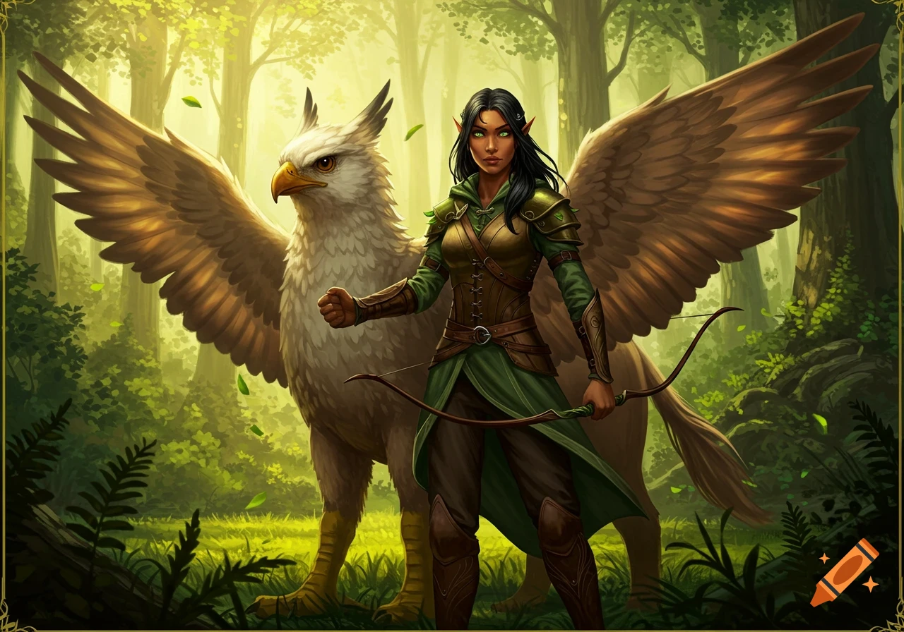 A female half-elven ranger with dark hair and green eyes stands with a hippogriff in a sunlit forest, holding a bow.