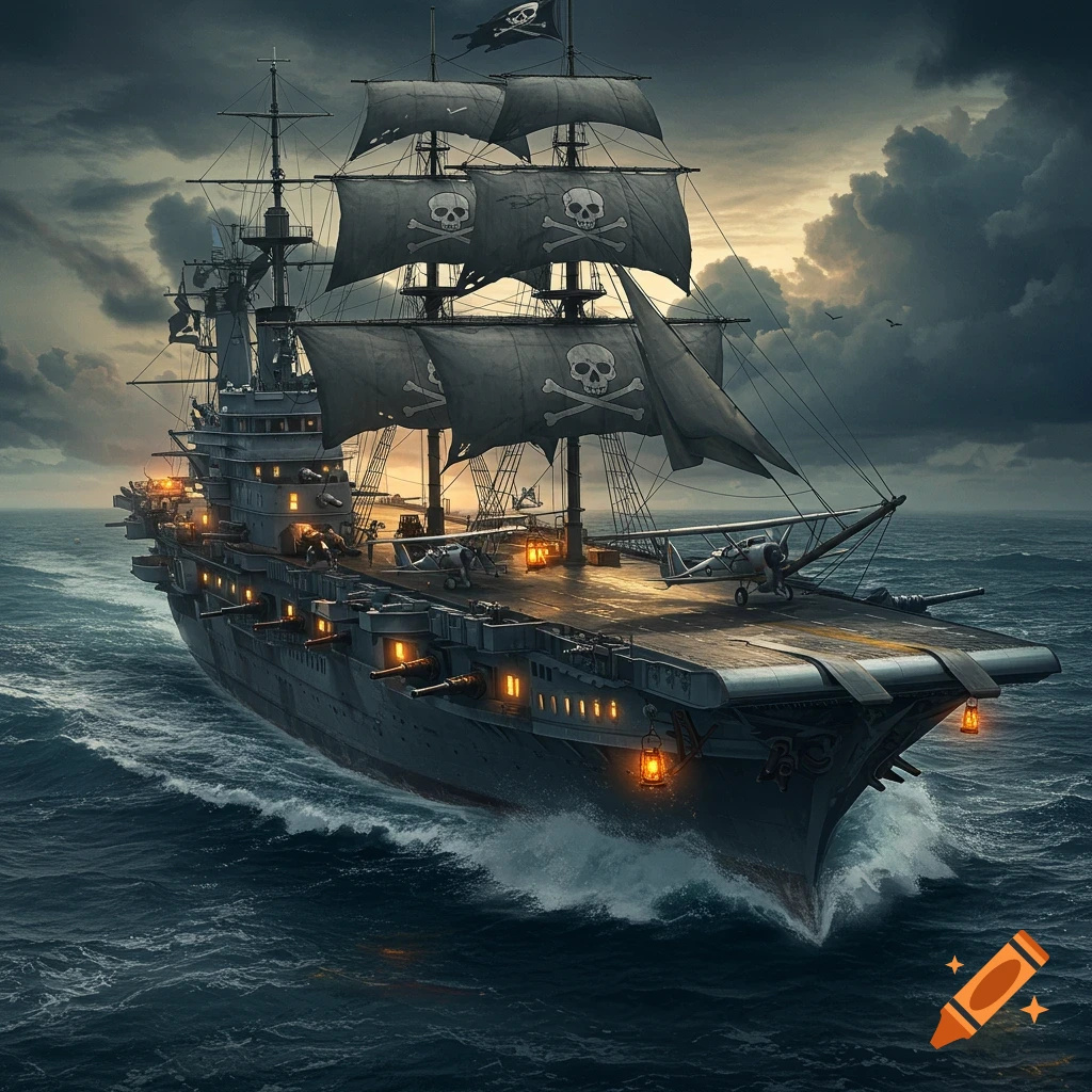 A photorealistic hybrid pirate ship and aircraft carrier with skull and crossbones sails on a choppy sea under a stormy sky.
