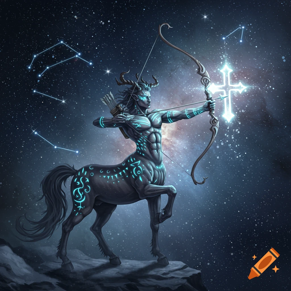 A muscular centaur, representing Sagittarius, aims a glowing cross-shaped arrow from a bow against a starry night sky with constellations.