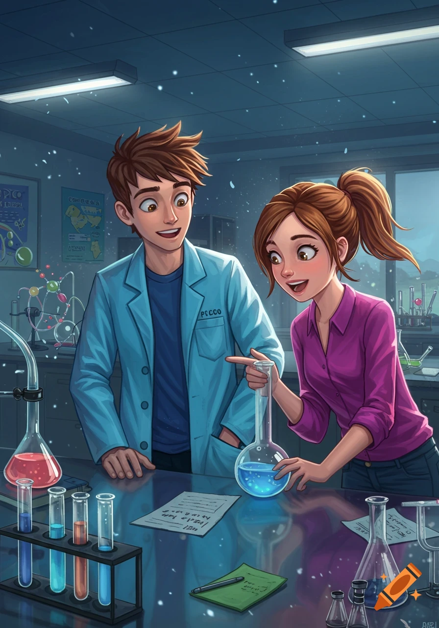 Two animated students, a boy and a girl, excitedly conduct a glowing blue chemical experiment in a dimly lit science lab filled with beakers and test tubes.