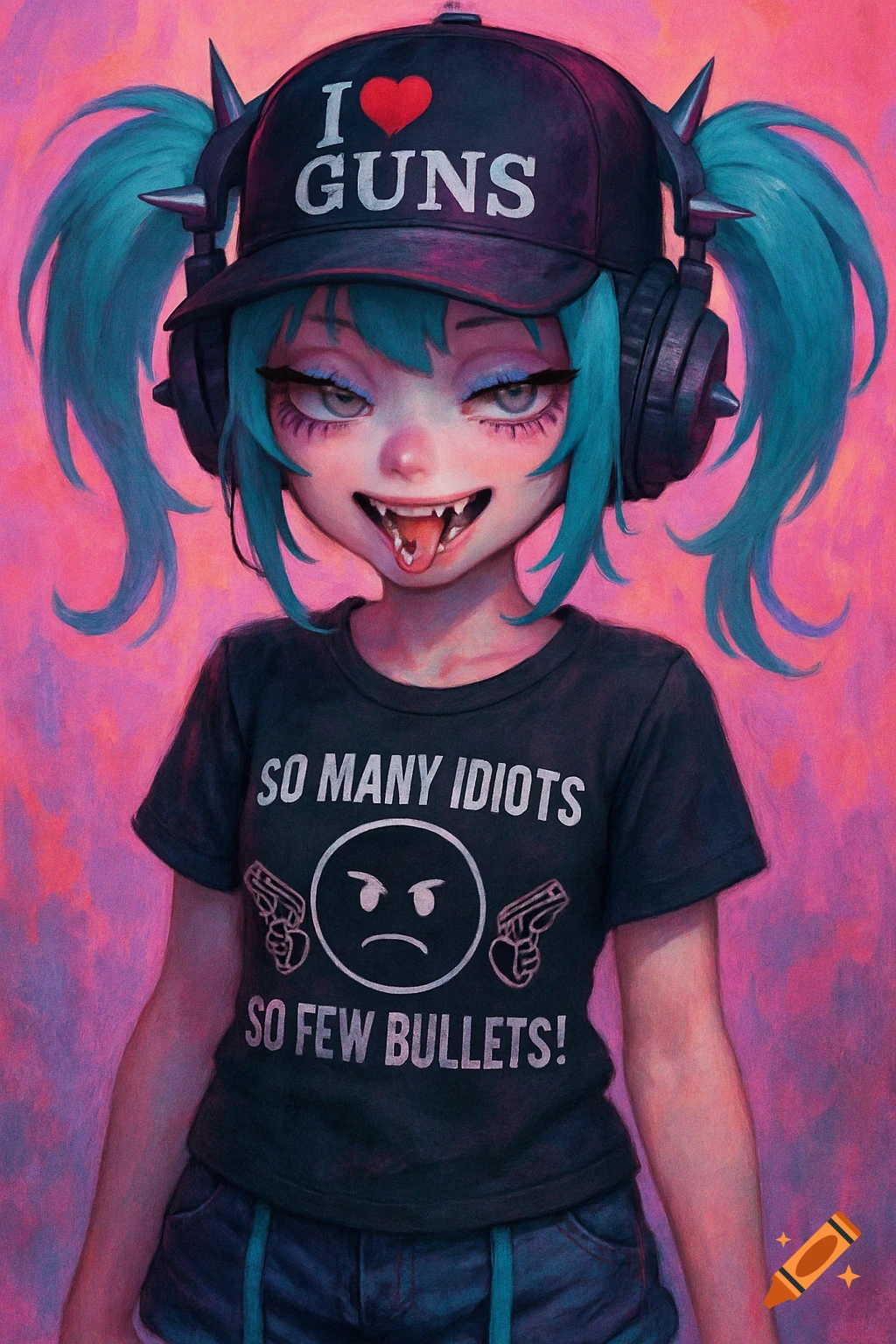 Creepy cute anime girl with teal pigtails, fangs, wearing 'I love guns' cap and a shirt with 'So many idiots, so few bullets!' text.