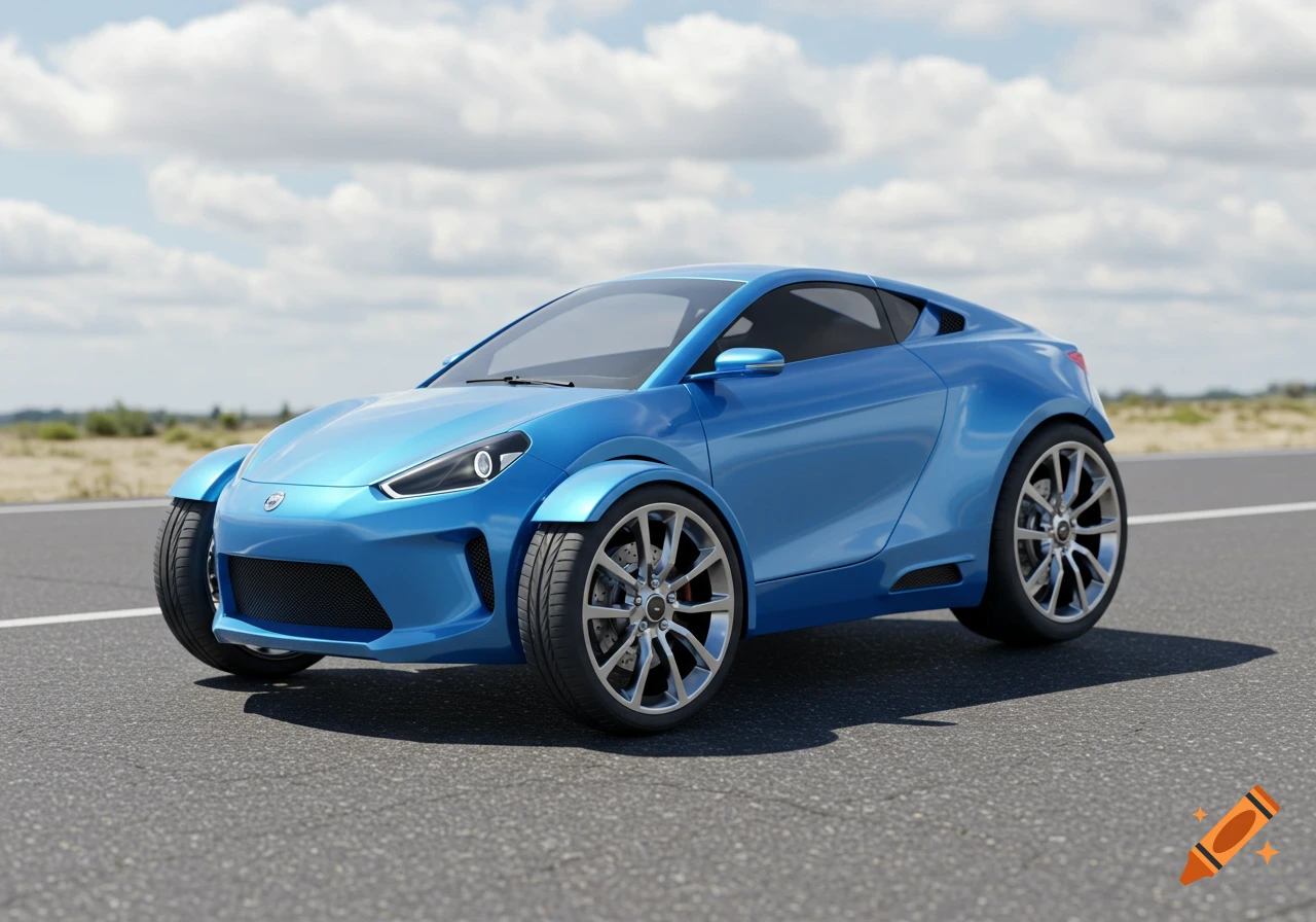 A photorealistic 3/4 side view of a blue, three-wheeled electric concept car on a road under a cloudy sky.