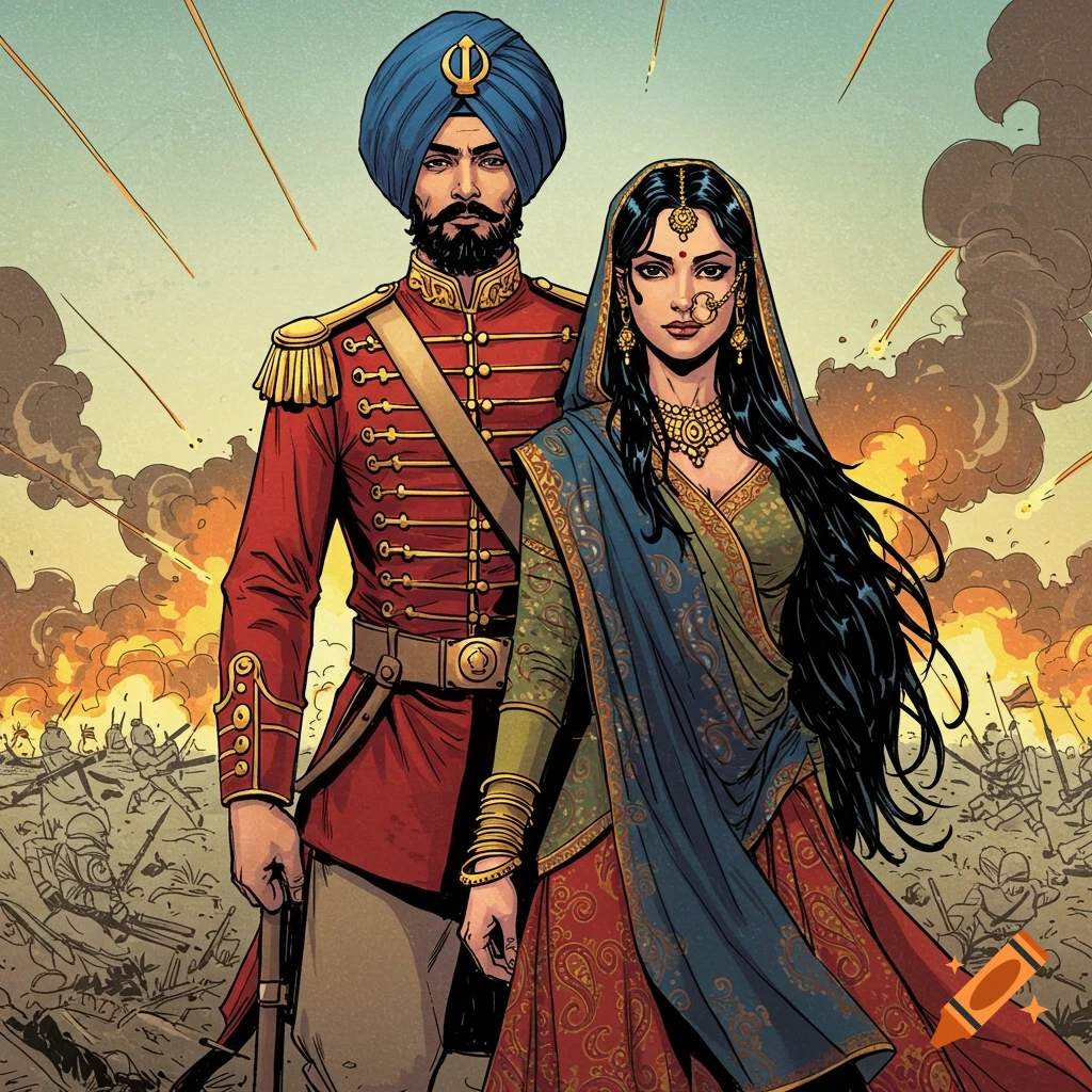 A comic book illustration of a Sikh soldier in a red uniform standing with a woman in traditional attire against a backdrop of a battle scene.