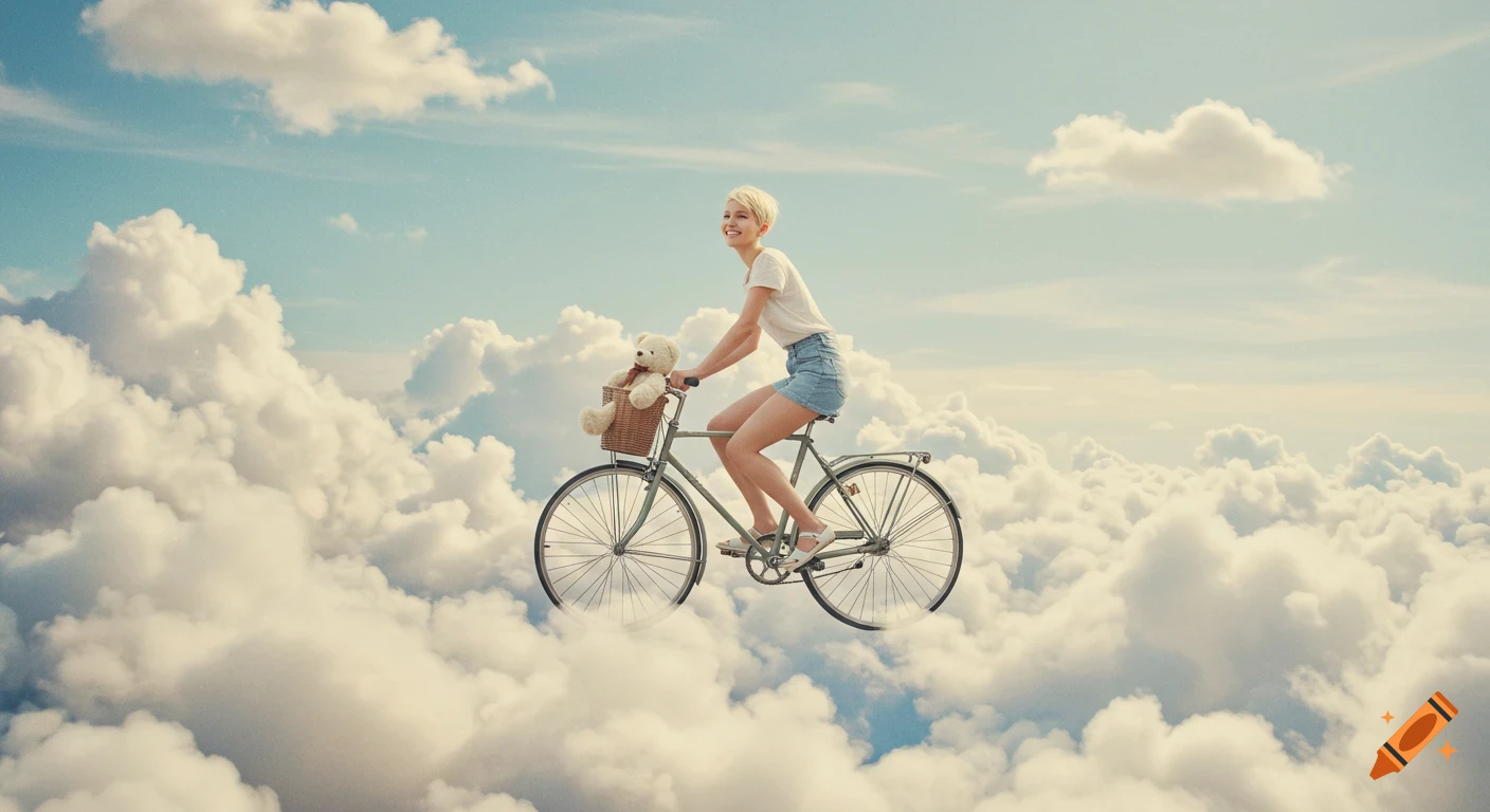 A smiling woman with short blond hair rides a bicycle through a cloudy blue sky, carrying a teddy bear in the front basket.