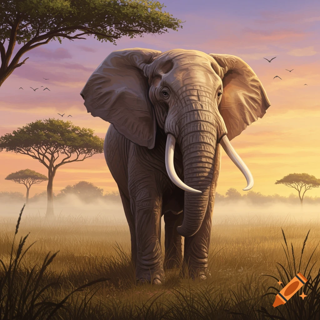 An elephant stands in a misty savanna field at sunset with trees and birds. Digital illustration.