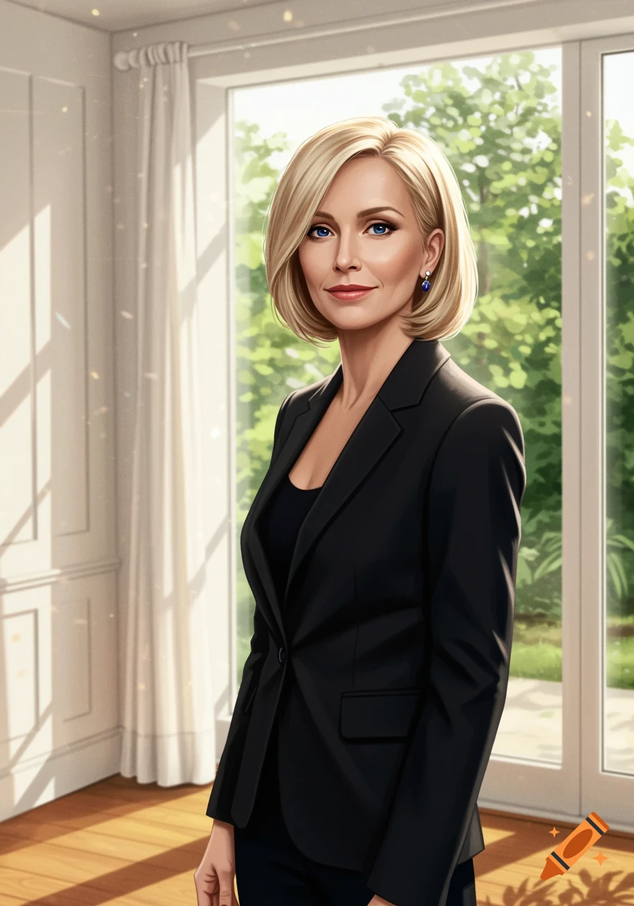 Photorealistic portrait of a blonde woman with a bob haircut wearing a black suit, standing in front of a window.