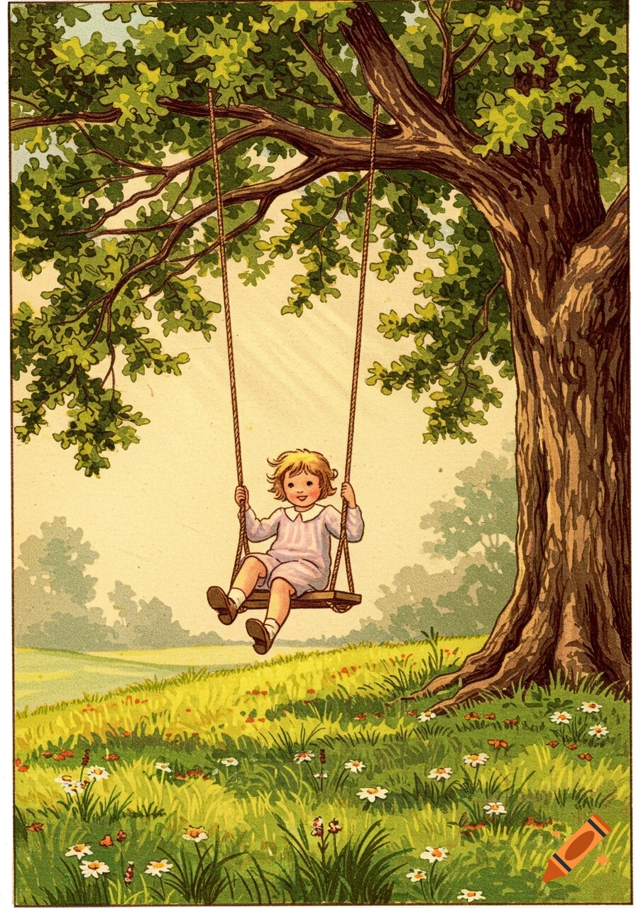 A vintage illustration of a child happily swinging on a wooden swing hanging from a large oak tree in a grassy field with flowers.