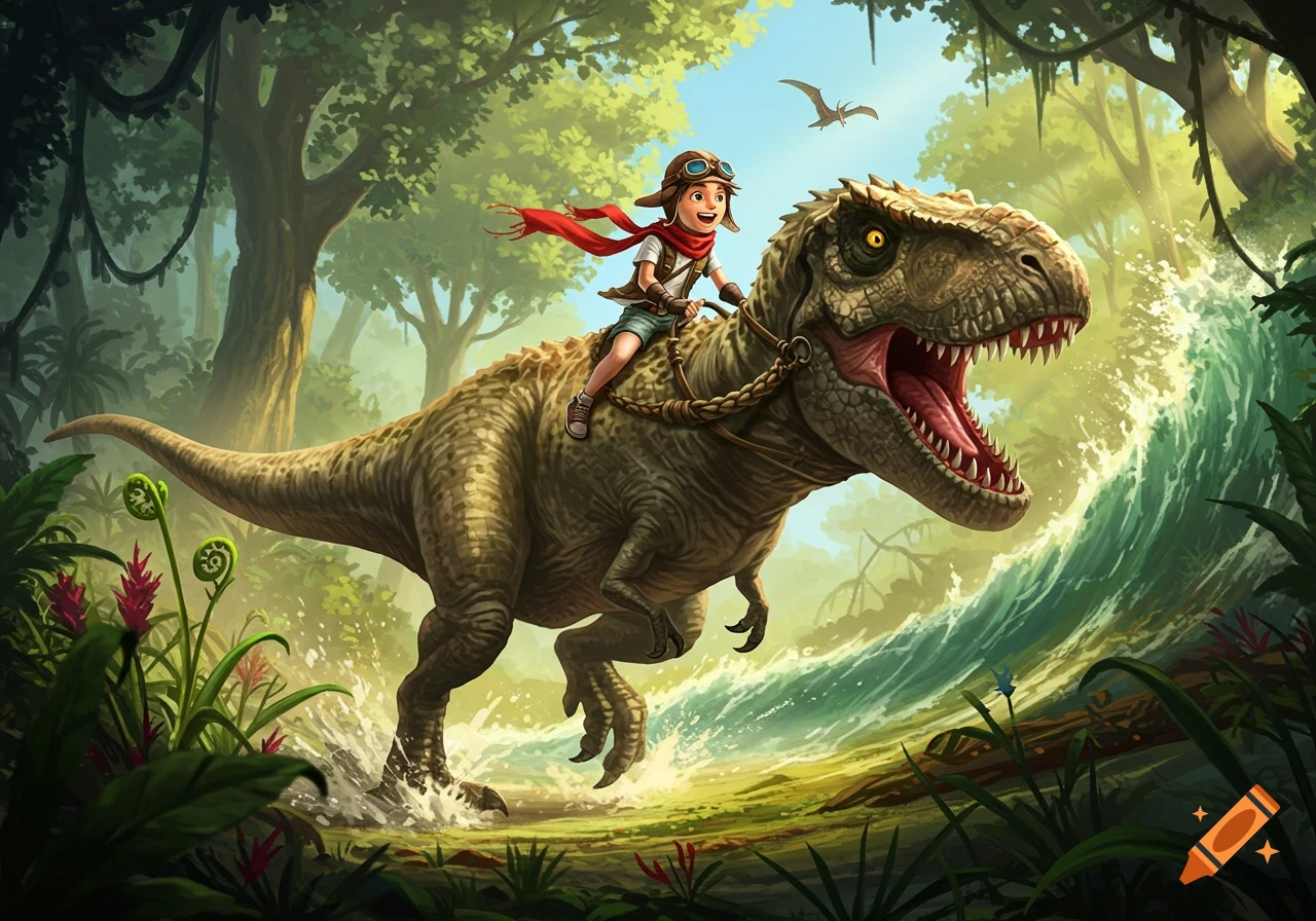 A cartoon-style illustration of a young boy riding a T-Rex through a lush, vibrant jungle with splashing water.