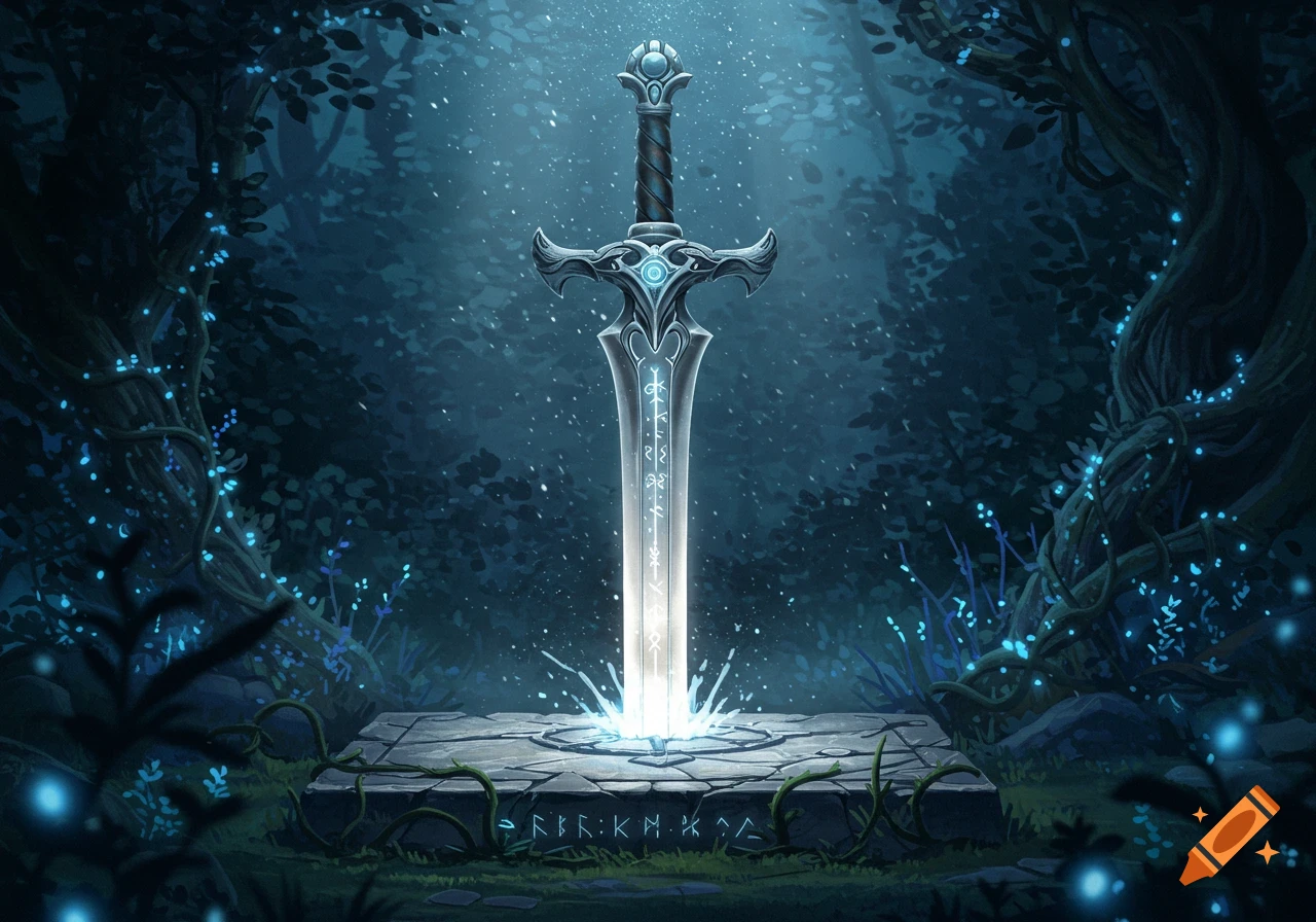 An ornate glowing sword stands plunged into a stone pedestal in a dark, mystical forest with blue glowing foliage, in a fantasy art style.