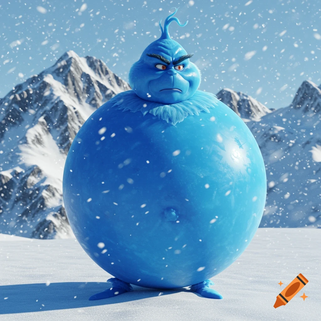 A blue, blueberry-shaped Grinch with a grumpy face stands in a snowy mountain landscape.