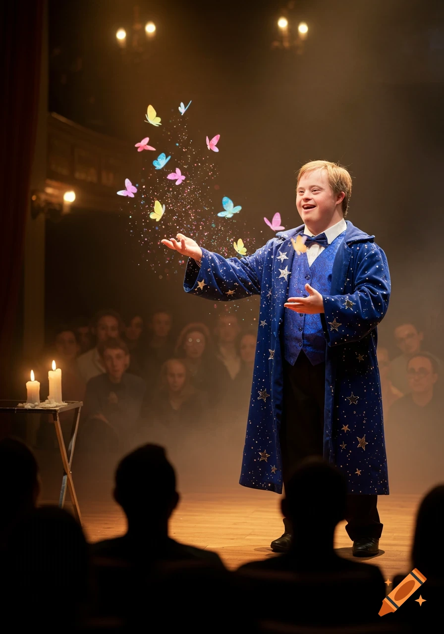 A smiling man in a blue wizard robe performs on a stage, releasing glowing butterflies and glitter. An audience watches.