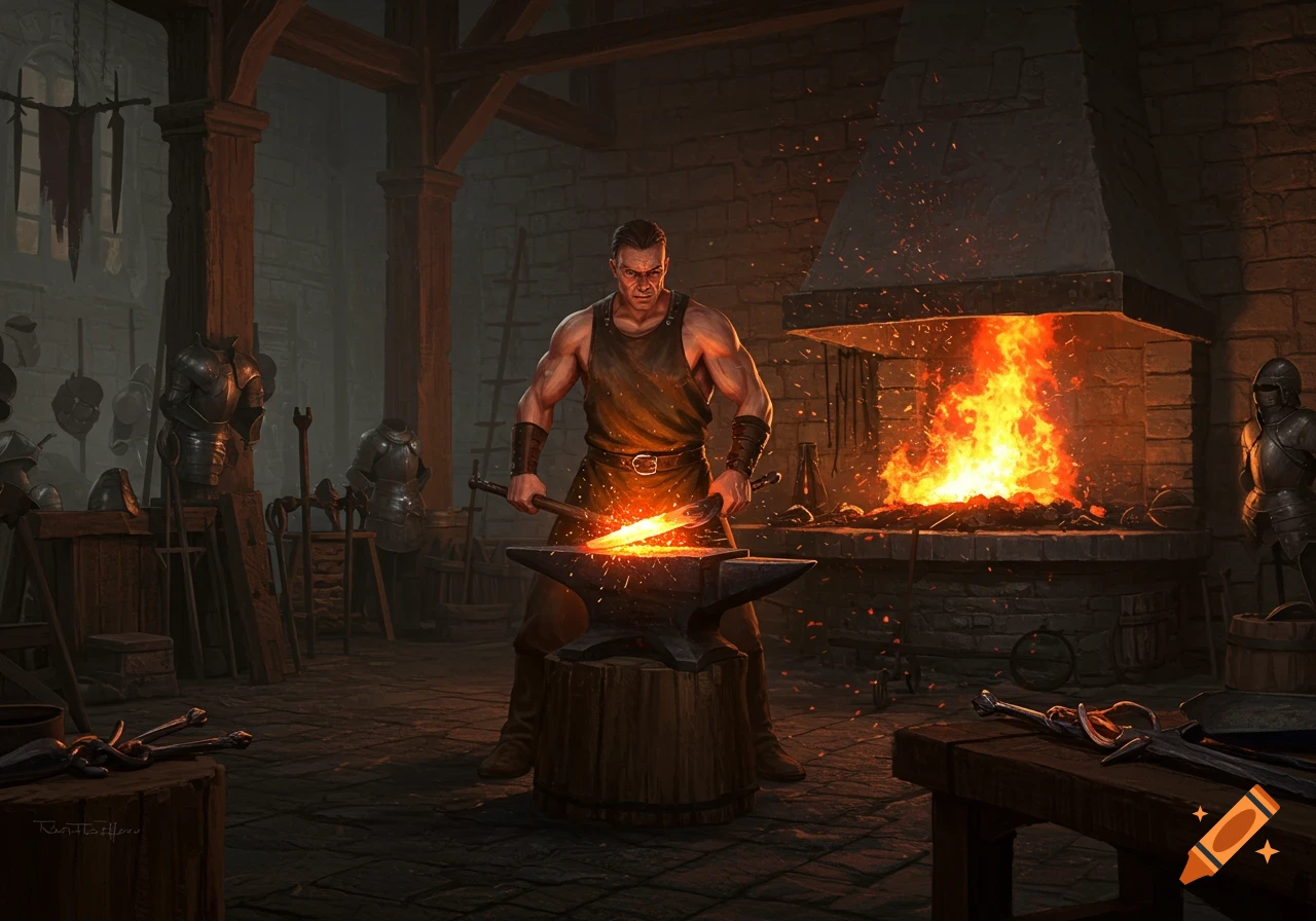 A muscular blacksmith pounds a glowing piece of metal on an anvil in a dimly lit forge, surrounded by armor.