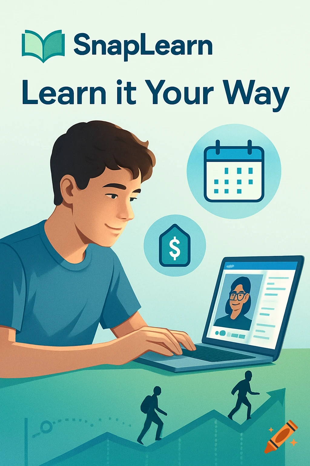An illustration of a young man using a laptop with "SnapLearn Learn it Your Way" text, a calendar icon, and a money icon, representing online learning.