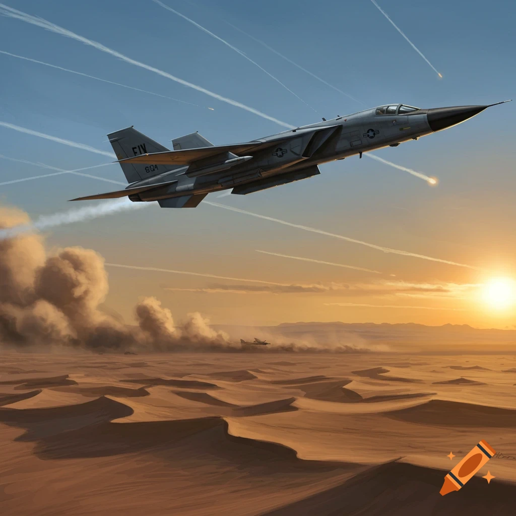 A military jet, resembling an F-111, flies low over desert sand dunes at sunset with missile trails in the sky.