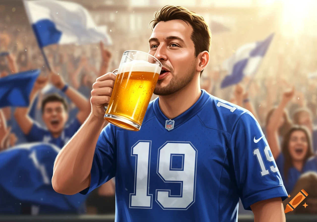 Man in a blue #19 football jersey drinks beer at a lively stadium, surrounded by cheering fans.