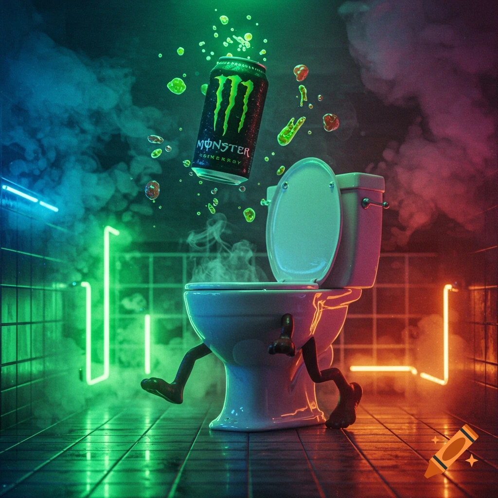 A Monster energy drink can floats above a white toilet with human-like legs, in a dark, smoky room lit by neon green and orange lights.