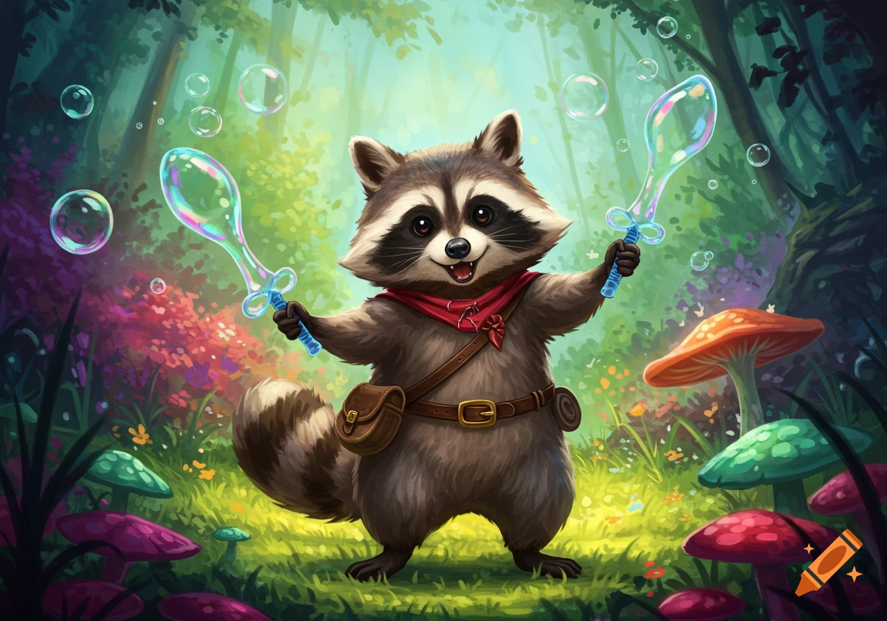 A cute cartoon raccoon adventurer holds two bubble swords in an enchanted forest with colorful mushrooms and floating bubbles.